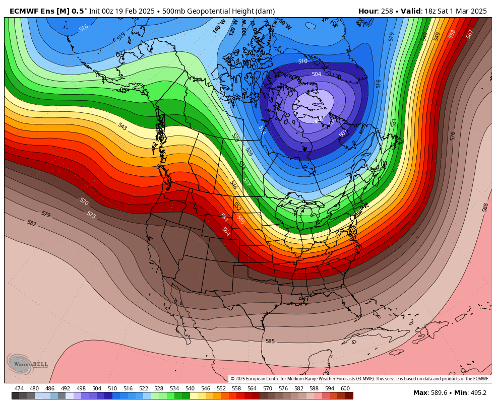 PeteNBCBoston's tweet photo. (Mostly) dodging a storm tomorrow, then it appears we're in for a mini thaw. Don't be deceived, however, as long as that big blue (&amp; violet) blob remains to our north, winter holds sway. https://t.co/MLGuZQpw74