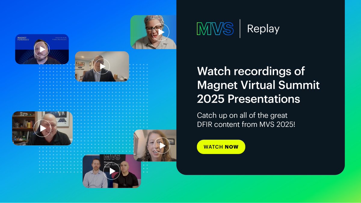 MagnetForensics's tweet image. #MagnetVirtualSummit 2025 was packed with great #DFIR content on topics like #MobileForensics, #CloudForensics, #AI, #Crypto, and much more! If you missed anything, nearly all presentations are now available on demand for free. Find them all here: ow.ly/1Ytf50V2SEY #MS2025