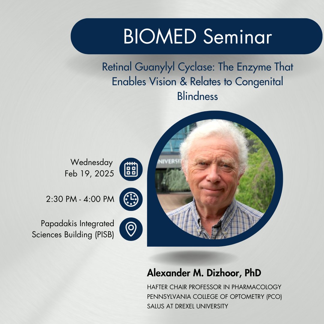 🔬 BIOMED Seminar: Retinal Guanylyl Cyclase &amp; Congenital Blindness 🧬

Join us today for an insightful seminar on Retinal Guanylyl Cyclase, the enzyme essential for vision and a key player in congenital blindness. 
🔗 Read more: tinyurl.com/mrw35yzf