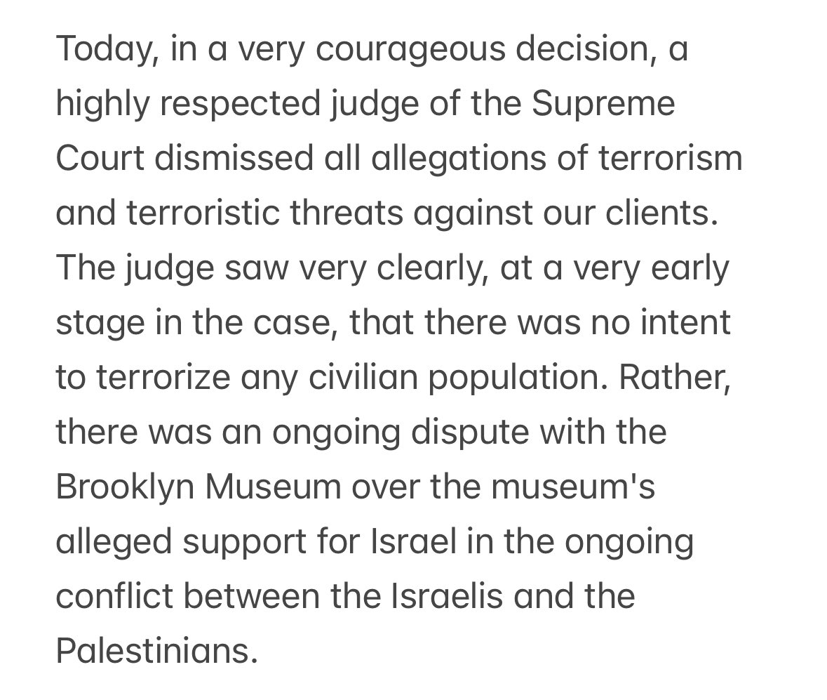 6 top charges for Brooklyn Museum codefendants Schubiner, Pelton, and Seligson dismissed by Supreme Court judge Danny Chun, who earlier expressed skepticism on viability (terroristic threat x3, terrorist threat as hate crime x3).

Statement from Seligson attorney Ron Kuby: