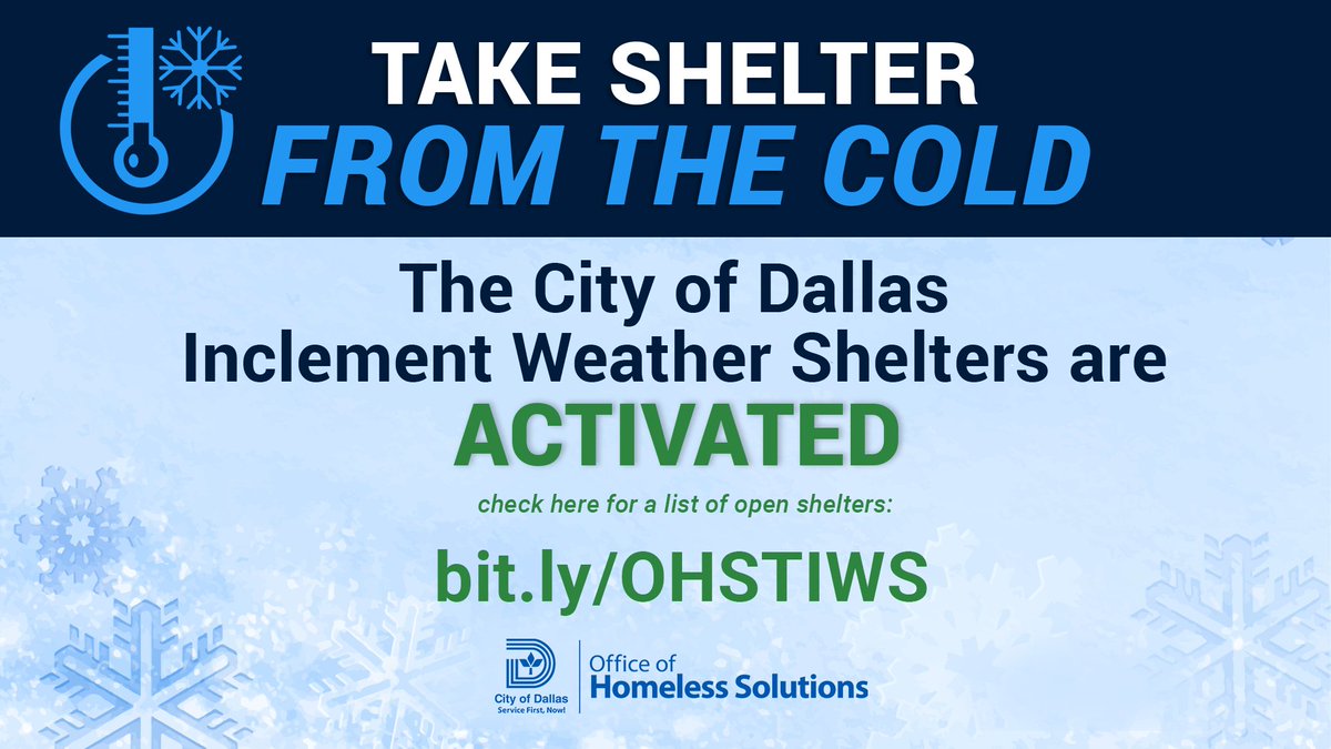 CityOfDallas's tweet photo. ❄️Attention: The City of Dallas has activated a new temporary inclement weather shelter:
📍Location: Fair Park - Tower Building | 3809 Grand Ave, Dallas, TX 75210
For a list of open shelter centers and transport options ➡️ https://t.co/ZJW8Q16hNN https://t.co/Un0m1a3OUX