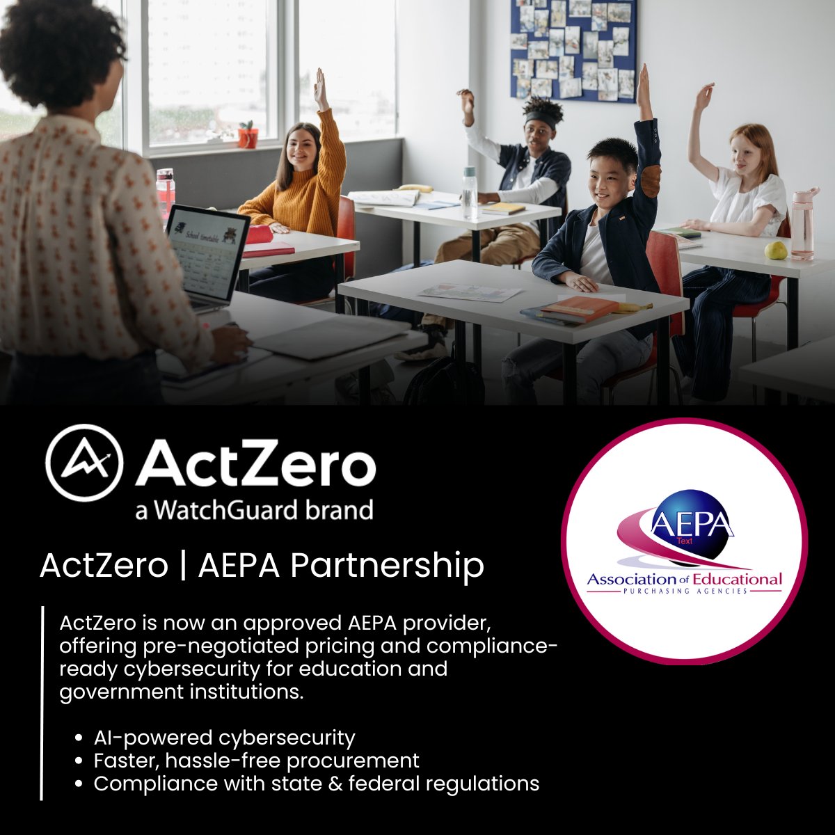 ActZero is now an AEPA-approved cybersecurity vendor! Schools, state agencies &amp; local governments can access our AI-driven MDR service with:
✔️ Pre-negotiated pricing
✔️ No lengthy RFPs
✔️ Fast, contract-approved procurement