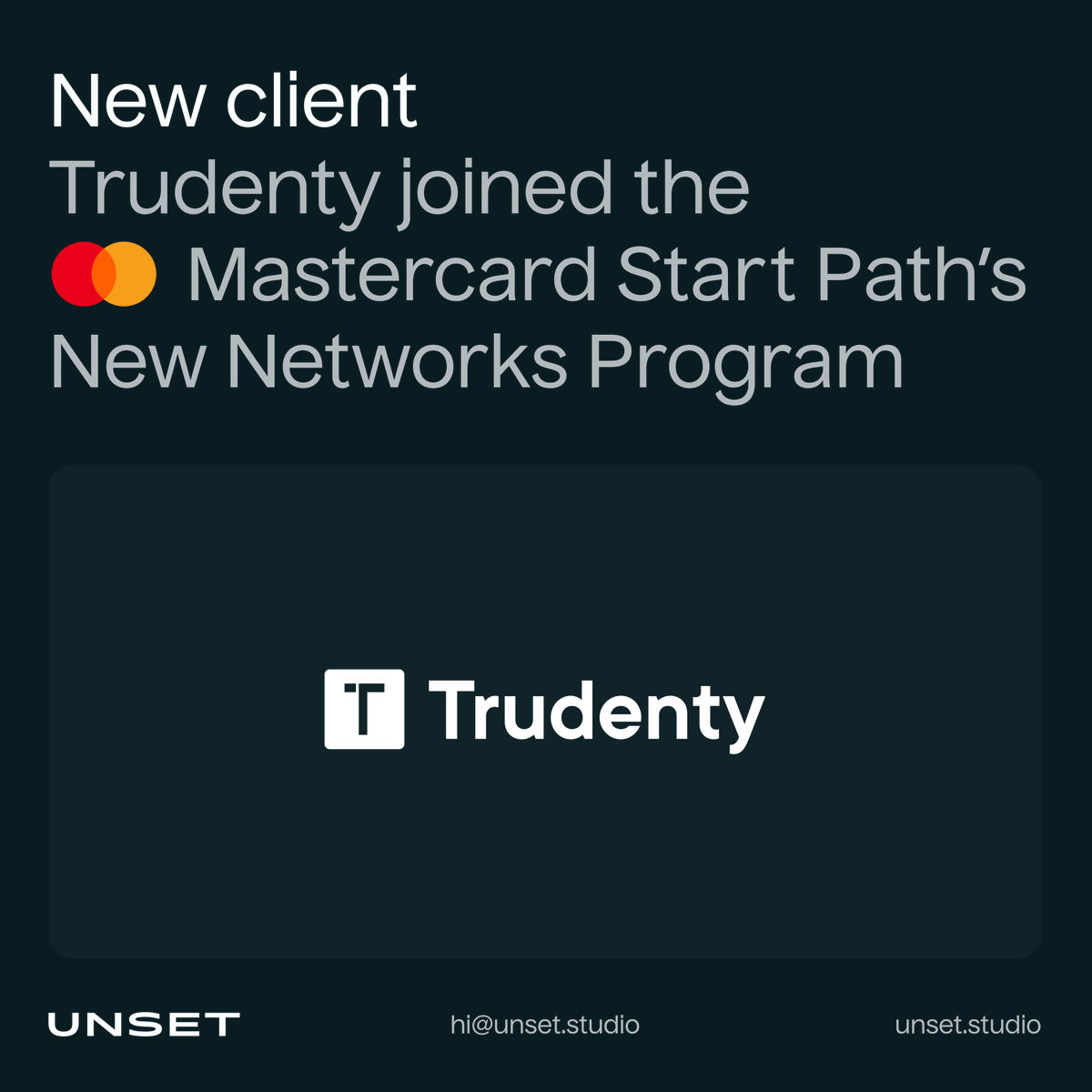 Happy to see our new client <a href="/trudenty/">Trudenty</a> reaching this great milestone! 🙂

We kicked off this collaboration by redesigning their pitch deck, helping them get selected for the renowned <a href="/Mastercard/">Mastercard</a> Start Path New Networks Program 🚀