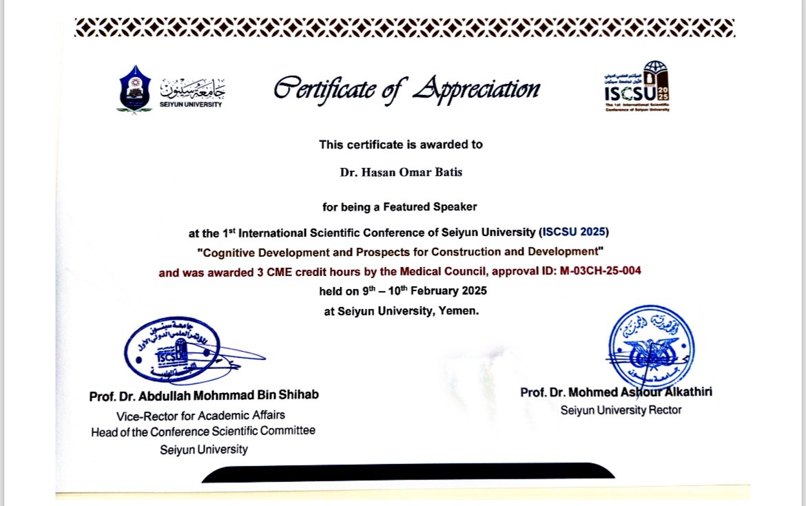 تشرفت باختياري لاكون متحدث مميز في مؤتمر جامعة سيئون الدولي ، وسعيد أن يكون من ضمن توصيات المؤتمر التوصية باعتماد التعليم الجامعي عن بعد والذي كان مع الطب الاتصالي محور تقديمي 

It was my pleasure to be a featured speaker at this prestigious international conference