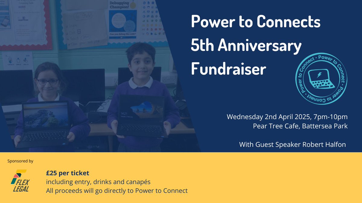 🎉Join us at the Power to Connect Fundraiser to mark 5 years of bridging the #DigitalDivide 

🗓️ 2 April 2025 | 7-10 PM | Pear Tree Café, Battersea Park
✨ Robert Halfon speaks on digital skills
🍴 Food, drinks &amp; great connections

Secure your place here: bit.ly/3Q7lJpe