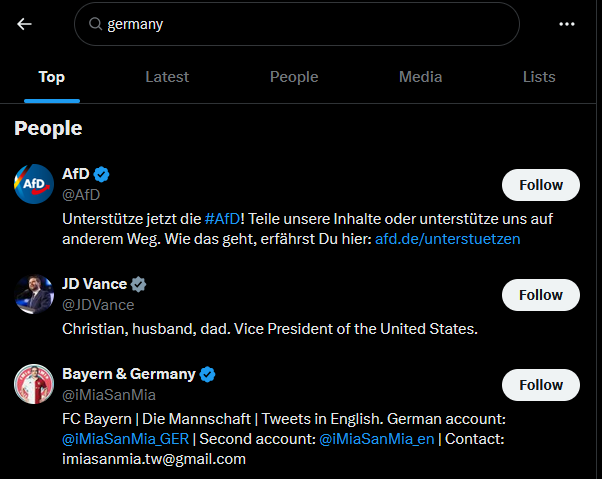 P_Kallioniemi's tweet photo. With 1 in 5 German voters still undecided, Musk is fully harnessing the Election Interference Machine to spread AfD-related content.

Among all German parties, AfD dominates the 'For You' tab, and X's search suggests AfD-related content to users with keywords like 'Germany'. https://t.co/cju8LlpGzD