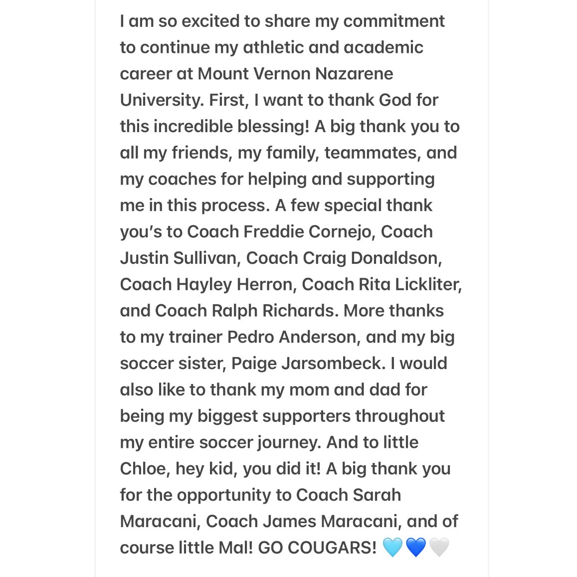 Chloe Himmell (@chloehim19) on Twitter photo So blessed and honored to announce my commitment to Mount Vernon Nazarene University! Thank you to everyone who has supported me in this journey, and to Coach Sarah, Coach JP, and Mal! GO COUGARS! 💙🤍🩵<a href="/ImYouthSoccer/">ECNL/GA/Recruiting/College Soccer</a> <a href="/ImCollegeSoccer/">College Soccer Truth ™</a> So blessed and honored to announce my commitment to Mount Vernon Nazarene University! Thank you to everyone who has supported me in this journey, and to Coach Sarah, Coach JP, and Mal! GO COUGARS! 💙🤍🩵<a href="/ImYouthSoccer/">ECNL/GA/Recruiting/College Soccer</a> <a href="/ImCollegeSoccer/">College Soccer Truth ™</a>