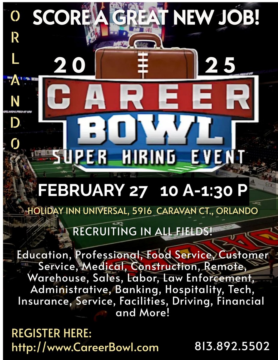MelProude1's tweet photo. Mark your Calendars for Orlando Career Bowl February 27th! Share with anyone looking for a job

#Orlando #Hiring #OrlandoJobs #Jobfair https://t.co/j9Q0ueqkrI