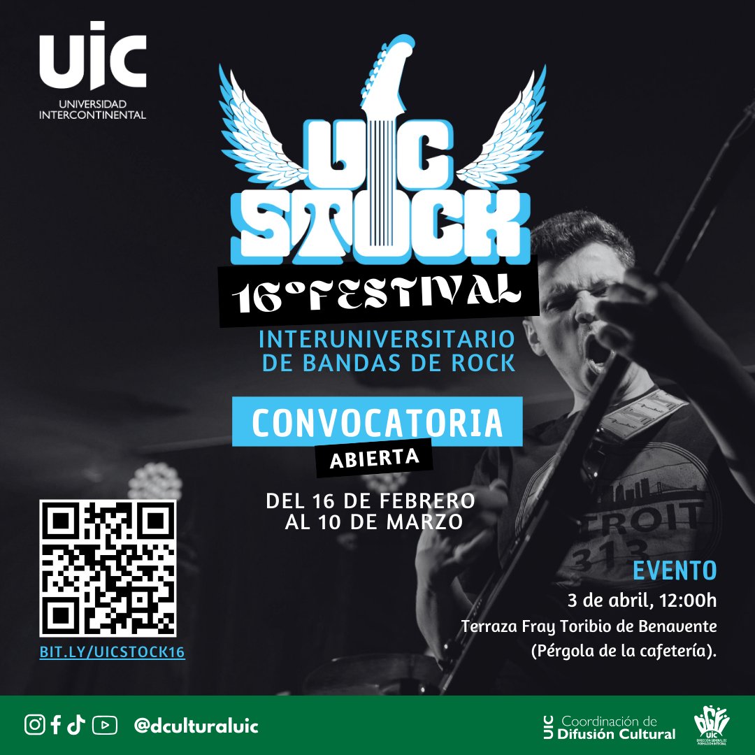 📷𝑼𝑰𝑪𝑺𝑻𝑶𝑪𝑲 -Convocatoria
16° 𝑭𝒆𝒔𝒕𝒊𝒗𝒂𝒍
𝑰𝒏𝒕𝒆𝒓𝒖𝒏𝒊𝒗𝒆𝒓𝒔𝒊𝒕𝒂𝒓𝒊𝒐 𝒅𝒆 𝑩𝒂𝒏𝒅𝒂𝒔 𝒅𝒆 𝑹𝒐𝒄𝒌
Si tienes una banda de rock participa con nosotros en esta gran celebración. 📷
Consulta la convocatoria en bit.ly/uicstock16
#RockUIC #UICstock