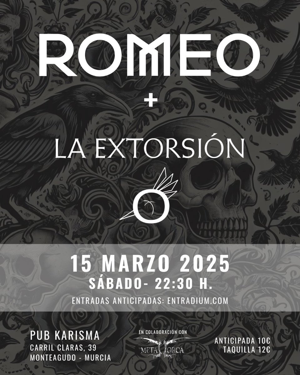 ¡DOBLE CITA CON ROMEO! 🎸

🔥 Dos noches brutales en Murcia junto a <a href="/la/">hm yes okay</a>.extorsion y Dezidir.

📅 14 MARZO - SALA SILOS (LORCA)

📅 15 MARZO - PUB CARISMA (MONTEAGUDO)

🎟️ Entradas en: Entradium.com

#romeooficiales #OrigenRomeo #ConciertoMurcia #RockAndRoll