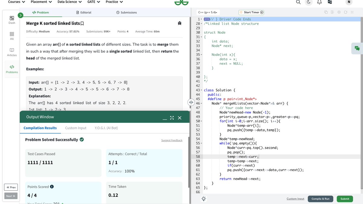 Nisha0828's tweet photo. Day 81/160 of @geeksforgeeks 
#POTDwithGFG   
GFG 160 Daily DSA problems    
Problem solved: Merge K sorted linked lists 
#gfg160 #geekstreak2024 
#CodeEveryDay #ProblemSolving 
#DSA https://t.co/VIH1hR1efJ