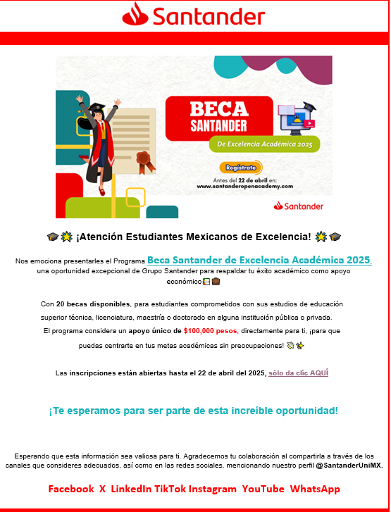 CPInst_ipn's tweet photo. ¡Atención estudiantes de excelencia! 📷
Si eres estudiante de educación superior y buscas apoyo económico para seguir con tus estudios, esta es tu oportunidad.

Para mayor información https://t.co/9AlAmMBUvI...📷📷 📷
#BecaSantander #ExcelenciaAcadémica https://t.co/vtb14ulv75