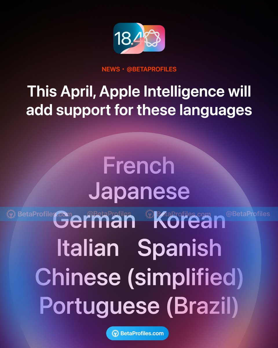 BetaProfiles's tweet photo. Apple has confirmed that Apple Intelligence will be available in more languages this April (via iOS 18.4 update).
The languages being added include:
- French 🇫🇷
- German 🇩🇪
- Italian 🇮🇹
- Portuguese (Brazil) 🇧🇷
- Spanish 🇪🇸
- Japanese 🇯🇵
- Korean 🇰🇷
- Chinese (simplified) 🇨🇳
- English (Singapore) and English (India)