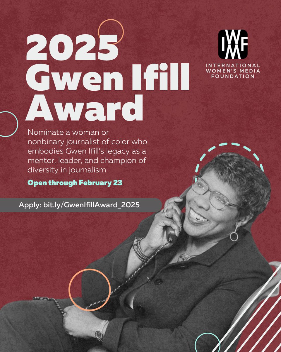 International Women's Media Foundation (@iwmf) on Twitter photo Nominations for our Gwen Ifill Award close this Sunday, February 23! This award honors a woman or nonbinary journalist of color who follows in Gwen's footsteps as a leader, mentor, and champion for diversity in the news media. Submit a nomination: bit.ly/GwenIfillAward…. Nominations for our Gwen Ifill Award close this Sunday, February 23! This award honors a woman or nonbinary journalist of color who follows in Gwen's footsteps as a leader, mentor, and champion for diversity in the news media. Submit a nomination: bit.ly/GwenIfillAward….