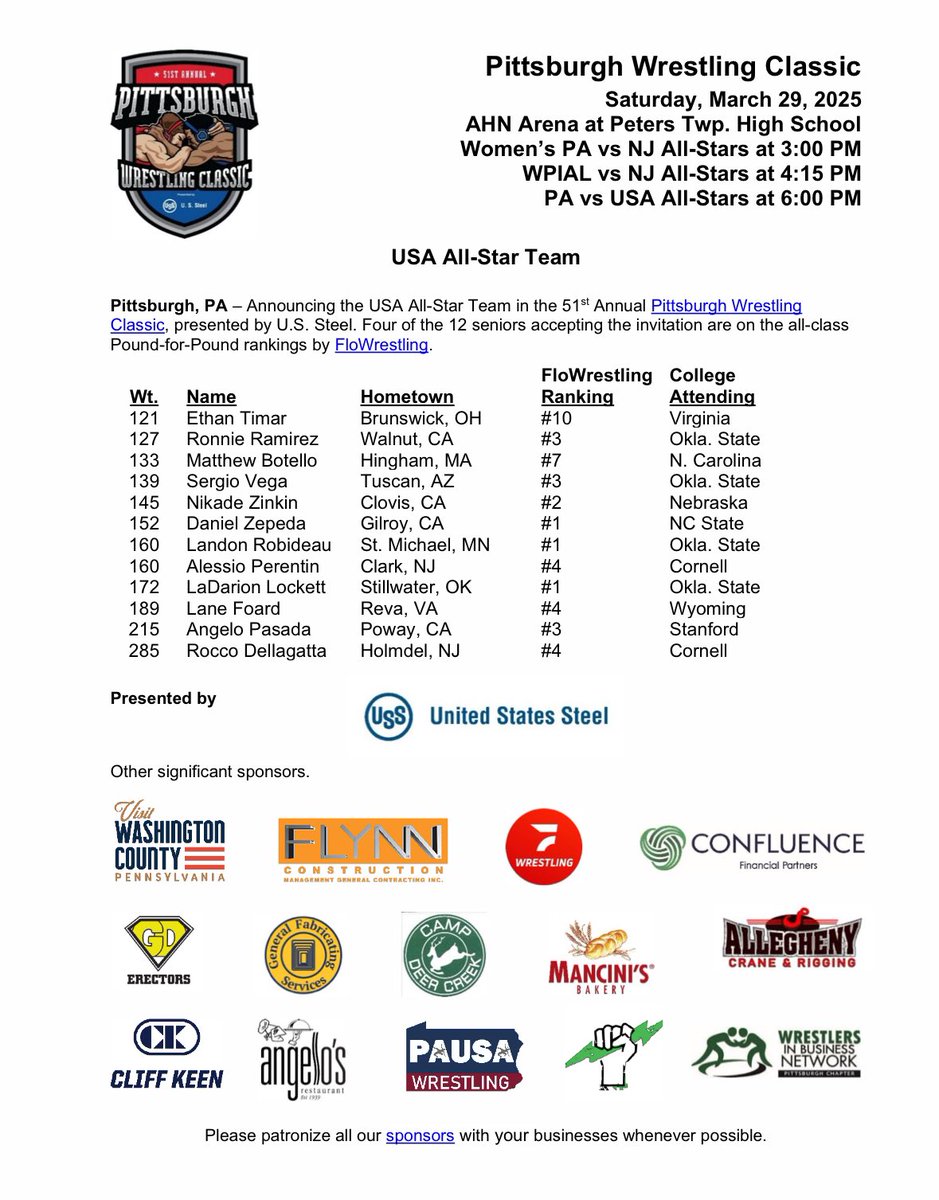 PWrClassic's tweet photo. USA All-Star Team Announced 🗣️

The Pittsburgh Wrestling Classic is excited to welcome the USA All-Star Team to the City of Pittsburgh! 

Check out the USA Line up below!

https://t.co/pHauquY2Tu