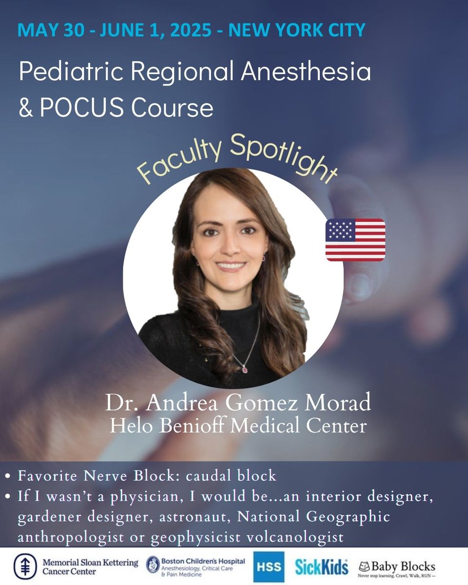 baby-blocks (@baby_blocks) on Twitter photo Our second faculty spotlight is on Dr. Andrea Gomez Morad! Join us this spring in NYC to learn hands on from our talented faculty.
Registration is now open!
bit.ly/PedsAnesthesia…
#MSKpedsanesCME #babyblocksRA #POCUS #pedsanes Our second faculty spotlight is on Dr. Andrea Gomez Morad! Join us this spring in NYC to learn hands on from our talented faculty.
Registration is now open!
bit.ly/PedsAnesthesia…
#MSKpedsanesCME #babyblocksRA #POCUS #pedsanes