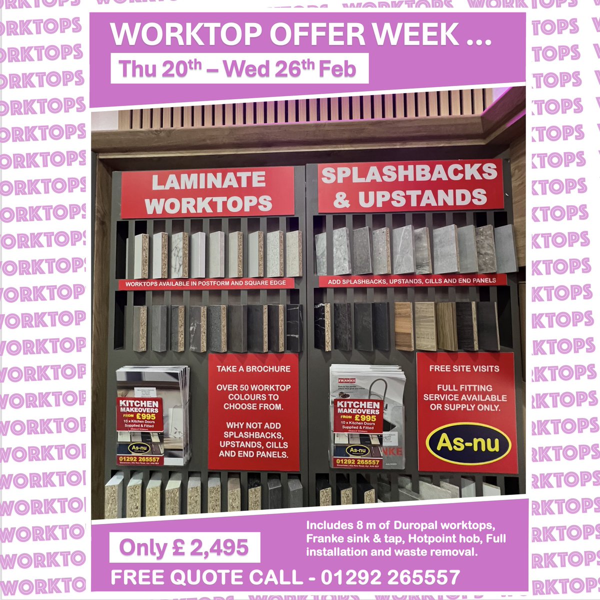 Worktop Offer Week. Call 01292 265557 for FREE quote. #worktop #worktops #kitchenworktops #ayr #prestwick #kitchenworktop #worksurfaces #ayrshire