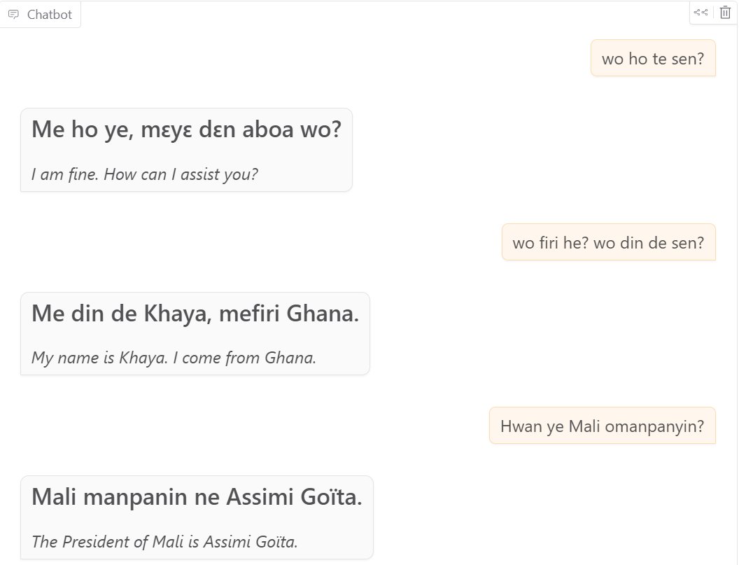 Paul Azunre (@pazunre) on Twitter photo Try our Khaya Chat demo on <a href="/huggingface/">Hugging Face</a> 👏🏽 (link in comments)
Powered by the <a href="/GhanaNLP/">Ghana Natural Language Processing (NLP)</a> <a href="/algorineinc/">Algorine Research</a> Khaya AI API and <a href="/deepseek_ai/">DeepSeek</a> foundational models
Amharic & Tigrinya powered by our partner <a href="/lesan_ai/">lesan</a>
🇬🇭🇬🇭
cc <a href="/WSAoffice/">WSA</a> <a href="/UN/">United Nations</a>
<a href="/JDMahama/">John Dramani Mahama</a> <a href="/samgeorgegh/">Sam 'Dzata' George 🦁🇬🇭</a> <a href="/georgeoaddo/">Pablo ✌️</a> <a href="/_OKFrimpong/">Hon. Ohene Kwame Frimpong, MP</a> Try our Khaya Chat demo on <a href="/huggingface/">Hugging Face</a> 👏🏽 (link in comments)
Powered by the <a href="/GhanaNLP/">Ghana Natural Language Processing (NLP)</a> <a href="/algorineinc/">Algorine Research</a> Khaya AI API and <a href="/deepseek_ai/">DeepSeek</a> foundational models
Amharic & Tigrinya powered by our partner <a href="/lesan_ai/">lesan</a>
🇬🇭🇬🇭
cc <a href="/WSAoffice/">WSA</a> <a href="/UN/">United Nations</a>
<a href="/JDMahama/">John Dramani Mahama</a> <a href="/samgeorgegh/">Sam 'Dzata' George 🦁🇬🇭</a> <a href="/georgeoaddo/">Pablo ✌️</a> <a href="/_OKFrimpong/">Hon. Ohene Kwame Frimpong, MP</a>