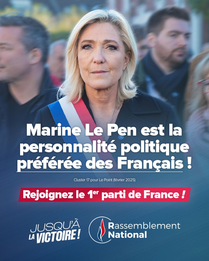 🔵 <a href="/MLP_officiel/">Marine Le Pen</a> est la personnalité politique préférée des Français !

Conscients de son engagement pour la défense de leurs intérêts et de la France, de plus en plus de nos compatriotes la rejoignent pour préparer l'après-Macron !

🇫🇷 Rejoignez le premier parti de France :