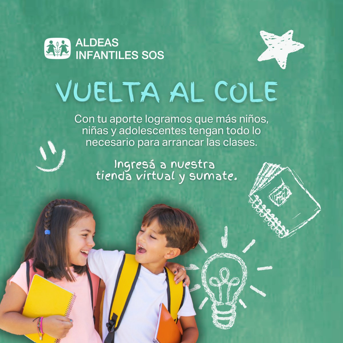 📗Vos podés hacer la diferencia y ayudar a que más niños, niñas y adolescentes puedan sostener su escolaridad y contar con los materiales necesarios para aprender 

👉 Ingresá y doná ahora: aldeasinfantiles.org.ar/vueltaalcole