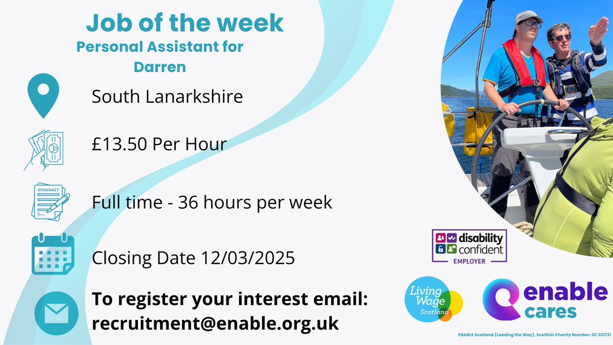 JOB OF THE WEEK

Personal Assistant for Darren in South Lanarkshire

Click the link to Apply Now!

enable.org.uk/jobs/vacancies…