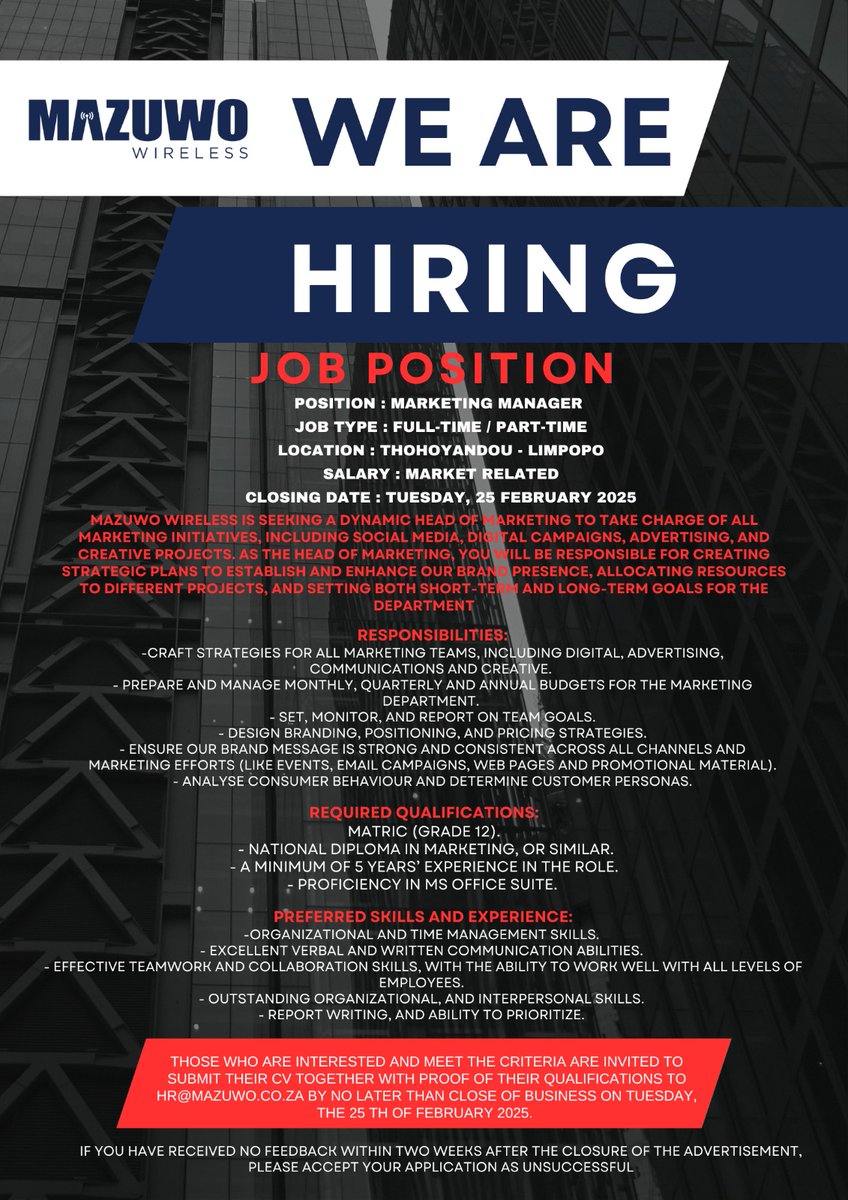 We're are hiring!

Join us as Marketing manager!

#MazuwoWireless #wearehiring #jobopportunity #JoinOurTeam #mazuwowireless #Vhembe #ISP