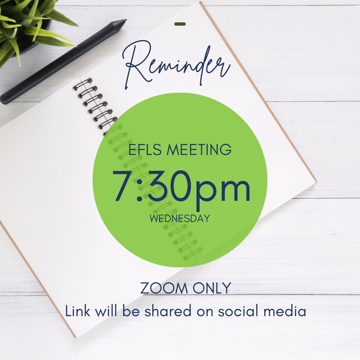 Topic: EFLS General Meeting 2/19/2025
Time: Feb 18, 2025 07:30 PM Eastern Time (US and Canada)
Join Zoom Meeting
us02web.zoom.us/j/88510925473?…

Meeting ID: 885 1092 5473
Passcode: 081918