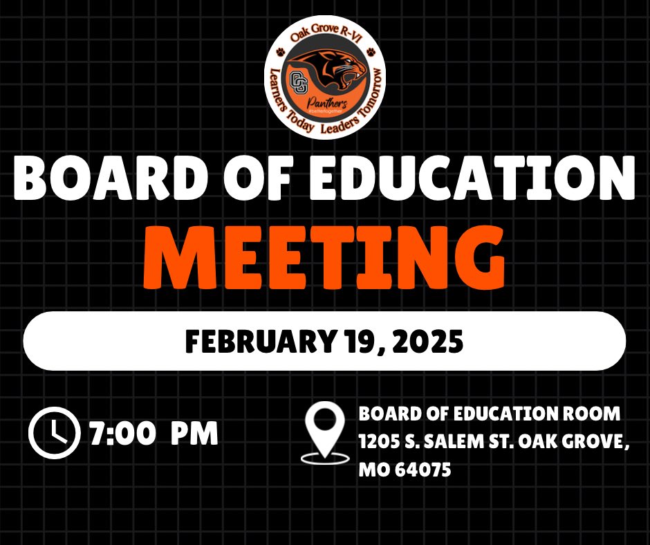 The Oak Grove R-VI - Board of Education will meet tonight, Wednesday, February 19, 2025

📍 Where: Board of Education Room 1205 S. Salem St. Oak Grove, MO 64075
⏰Time: 7:00 PM

📋View the agenda here: docs.google.com/document/d/1a9…
