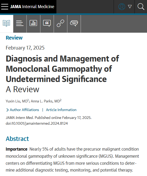 Monoclonal gammopathy of unknown significance is common, often discovered incidentally and indolent. This Review summarizes evidence on the diagnosis and management of monoclonal gammopathy of unknown significance to guide clinical decision-making. ja.ma/4k14gwi