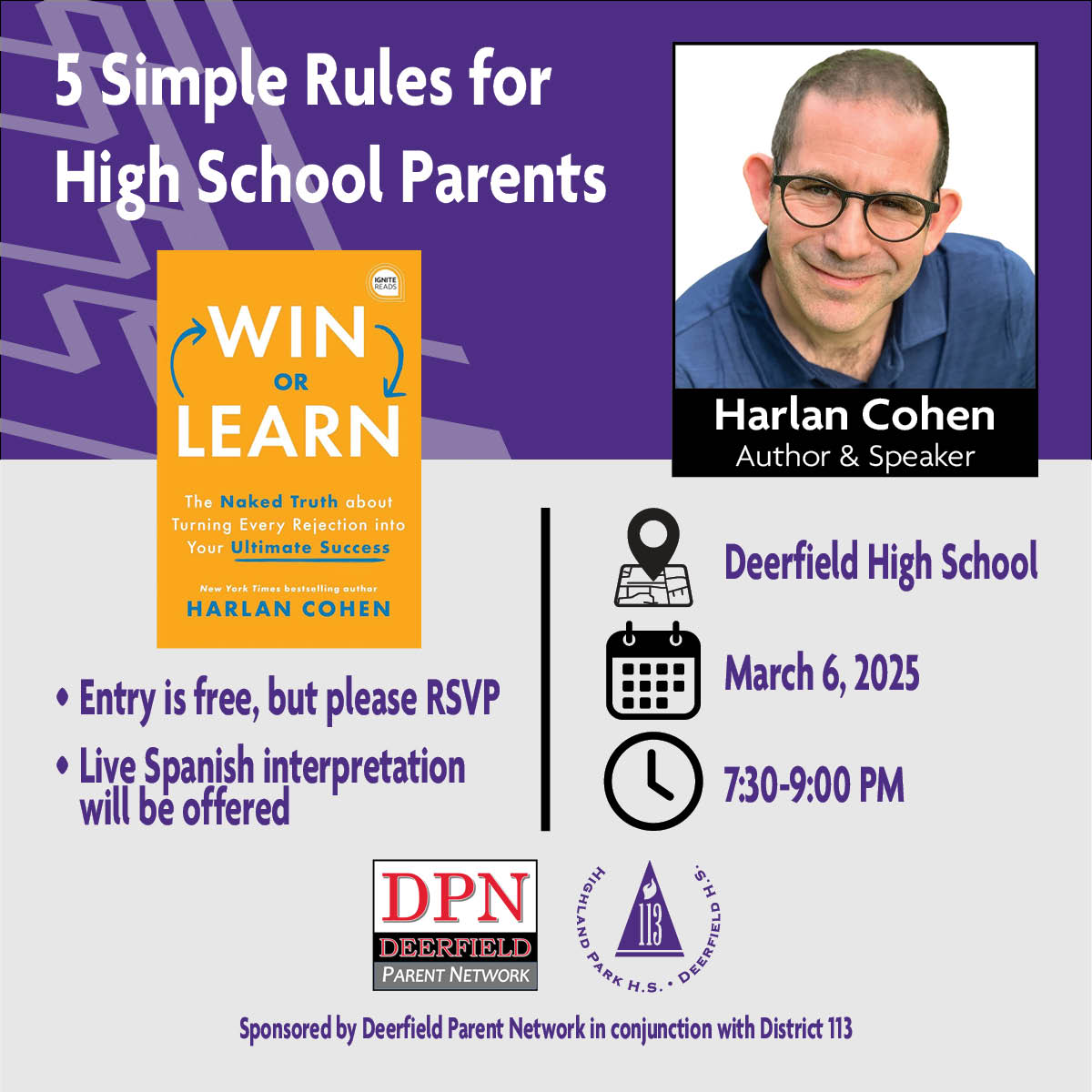 You are invited to "5 Simple Rules for High School Parents" with NYT bestselling author Harlan Cohen on March 6! Learn how to guide &amp; support your child through every stage. The event is free but please RSVP: bit.ly/3CT1VTD