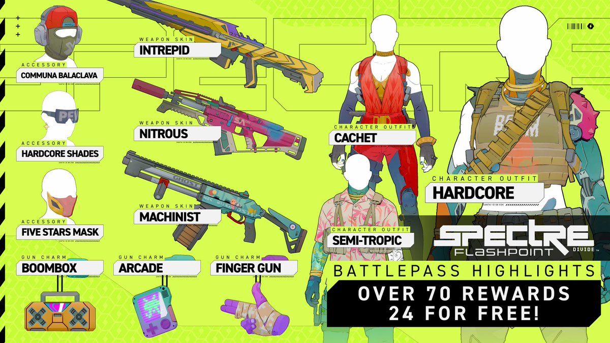 Our first Battle Pass is loaded with rewards—more than 70 levels of premium content.

In addition to rewards, the Battlepass contains SP so you can unlock extra skins from the store immediately, or save it for our next Battle Pass!