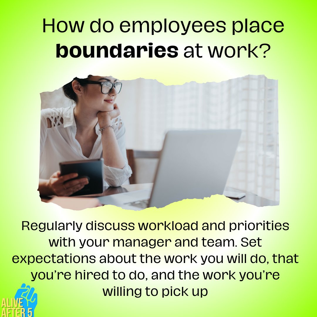 How do employees place boundaries at work?

#aliveafter5 #aa5 #workplacesafety #workingsafe #worksafe #takecare #emotionalsupport 
#know #nodiscrimination #refuseunsafework #participate #happy #february #winter #Worksafebc #boundaries