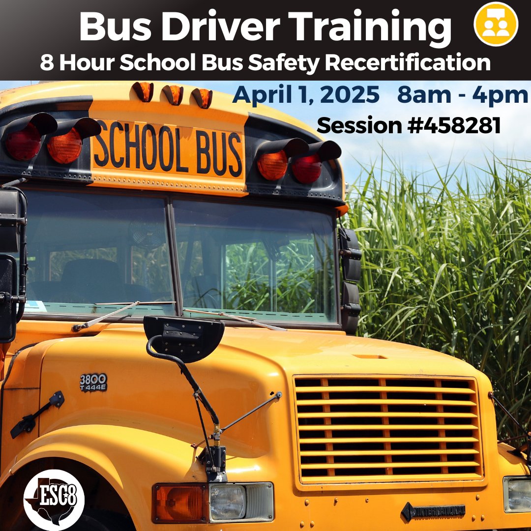 State mandated recertification safety training to maintain bus driver certification.

Class will be held at the Region 8 ESC.
4845 US 271 N
Pittsburg, TX 75686

txr8.escworks.net/catalog/sessio…