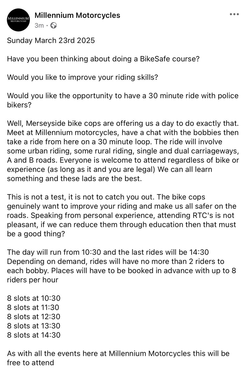 MerPolTraffic's tweet image. ⚠️Bikers - Date for your diary⚠️
Sunday 23rd March at #MillenniumMotorcycles.
Come and meet the #OpsBikes team for a chat about all things bikes. We’ll also be taking riders out for taster @BikeSafeUK sessions. Head over to Facebook for more info. @MerseyPolice @Merseysidersp