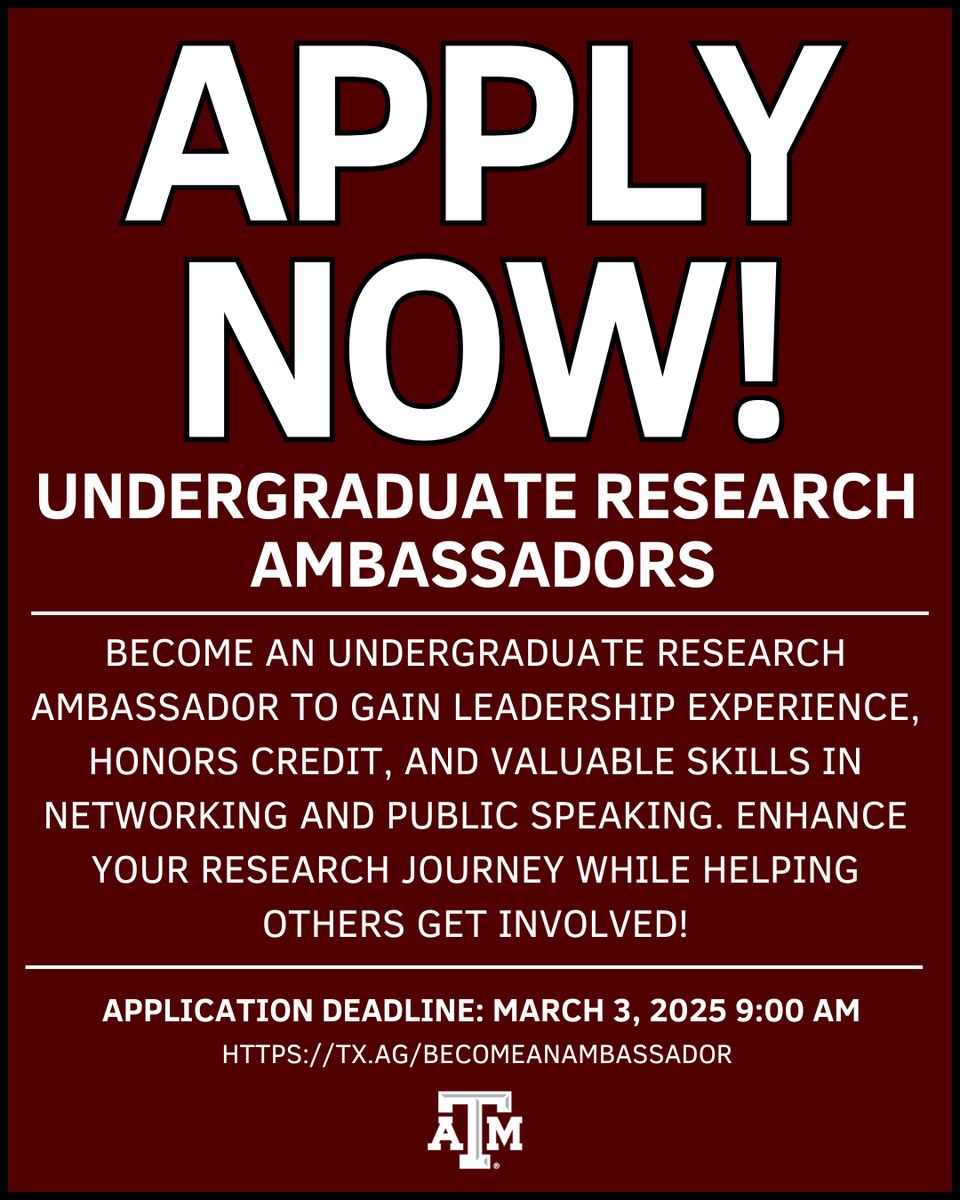TAMU_UGR's tweet photo. Ready to take your research experience to the next level? Apply to be an Undergraduate Research Ambassador!

Applications are due by March 3, 2025, so don’t miss out on this incredible opportunity! https://t.co/lXJpfRXtkb