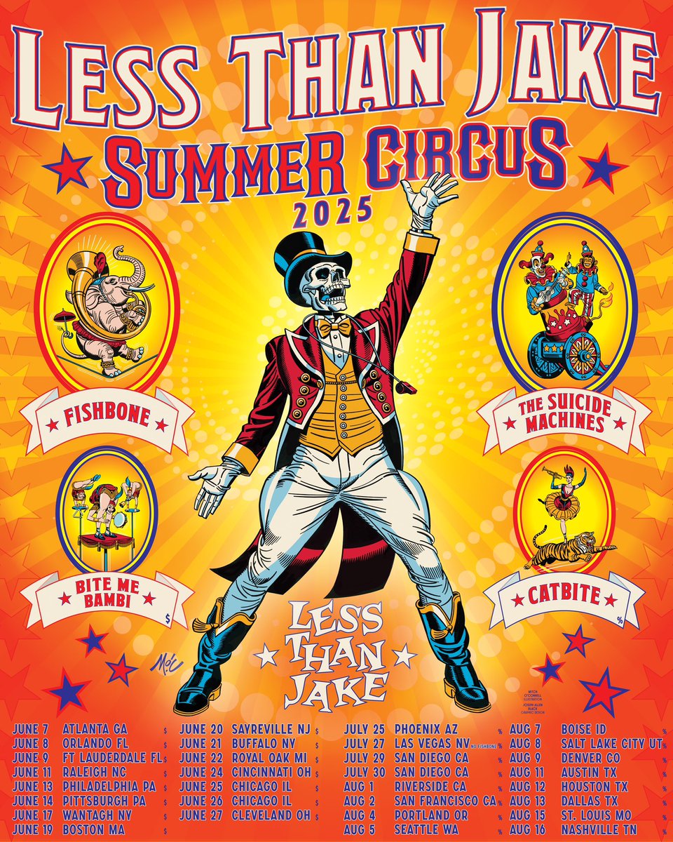 ROLL UP! ROLL UP! We’re hitting the road this summer with the SUMMER CIRCUS and the lineup is STACKED!

@fishbonesoldier, @TSMDetroit, <a href="/bitemebambiska/">bitemebambiband</a>, &amp; <a href="/catbiteband/">CATBITE</a>! 

It’s gonna be loud, wild, and nonstop chaos. Tickets on sale TOMORROW at Noon EST tix.soundrink.com/tours/less-tha…