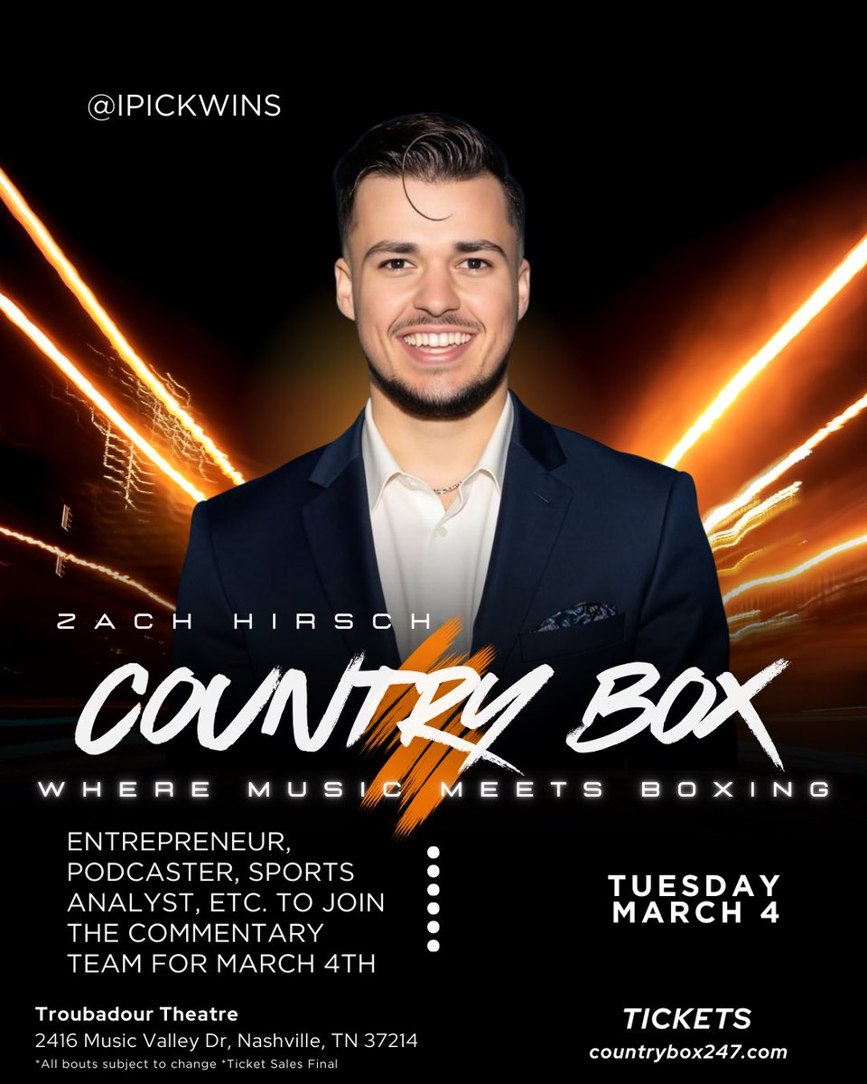 BJ FLORES (@bjfloresboxing) on Twitter photo Fight night in Nashville!
<a href="/WadePlem/">Wade Plemons</a> and <a href="/ipickwins/">Mystic Zach Hirsch</a> making a special appearance at <a href="/CountryBox_/">Country Box</a> #March4 in Nashville TN!
Get your tickets now countrybox247.com Fight night in Nashville!
<a href="/WadePlem/">Wade Plemons</a> and <a href="/ipickwins/">Mystic Zach Hirsch</a> making a special appearance at <a href="/CountryBox_/">Country Box</a> #March4 in Nashville TN!
Get your tickets now countrybox247.com