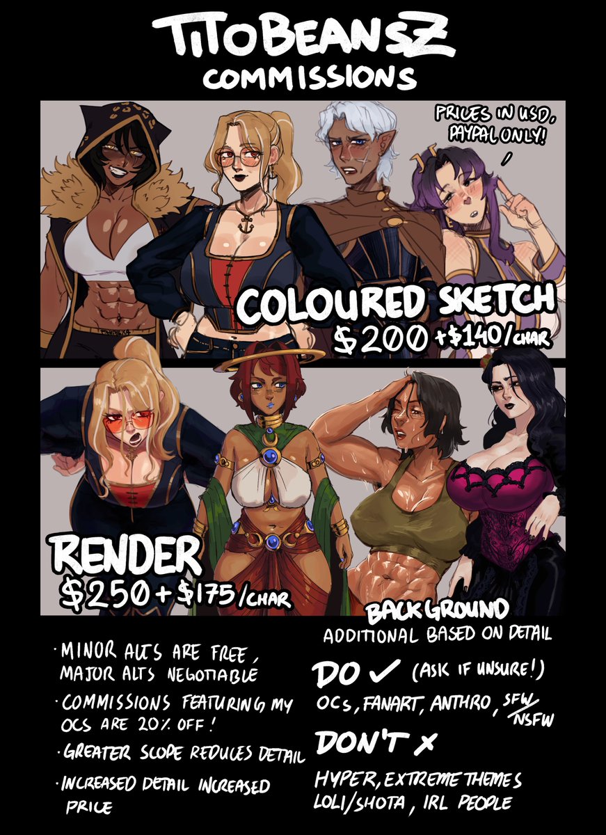titobeansz's tweet image. I'M OPEN!
‼️ I am not accepting character design requests ‼️
If you have further questions please send me a DM.
For requests, please use the form linked below to reserve a slot!