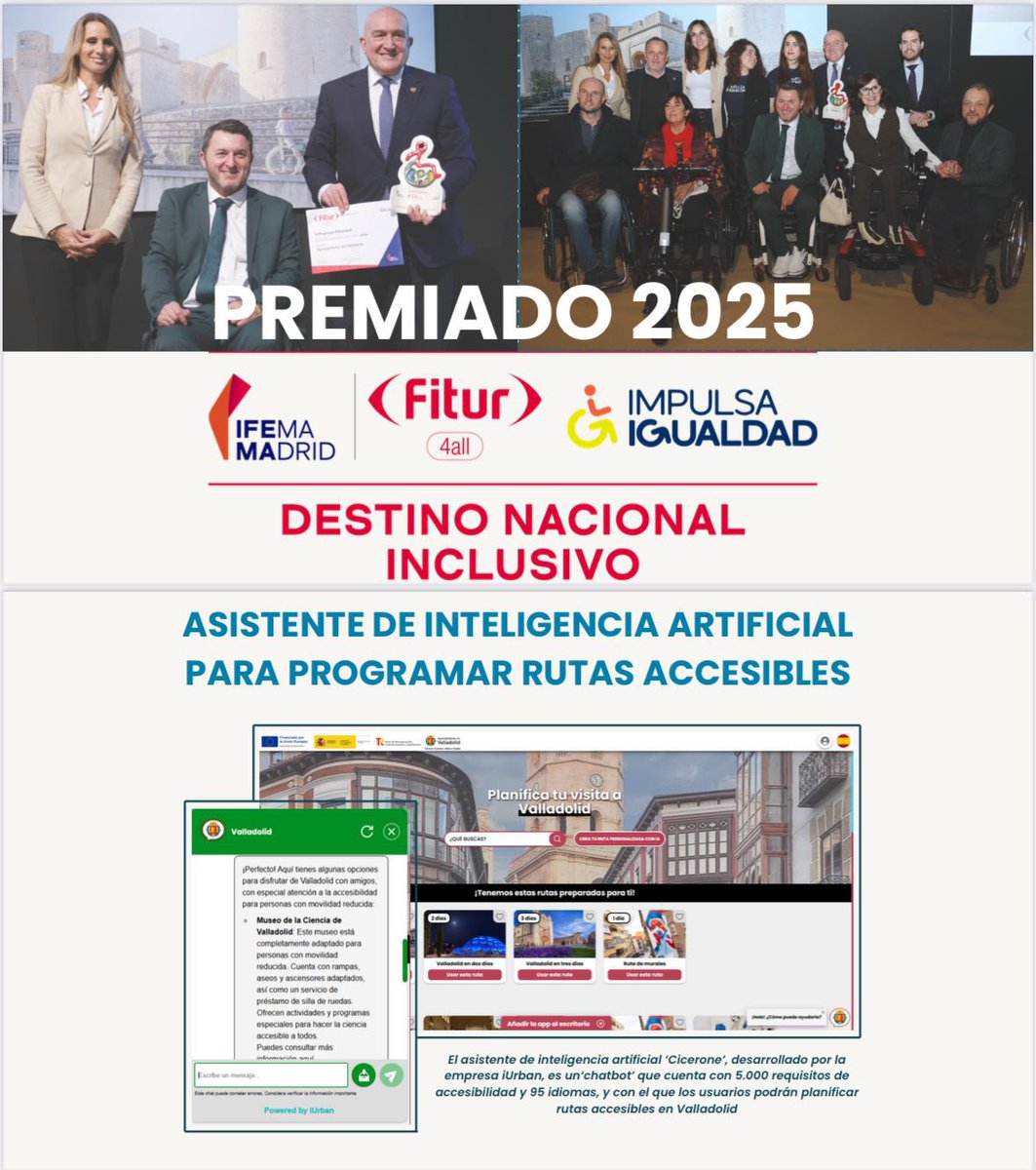 infoVLL's tweet photo. Nuestra ciudad fue galardonada en los premios @fitur_madrid como el ‘Destino Nacional Inclusivo’, por la accesibilidad de sus eventos y las nuevas herramientas digitales que acercan los recursos de la ciudad a todos. https://t.co/mLQmsNHPdr