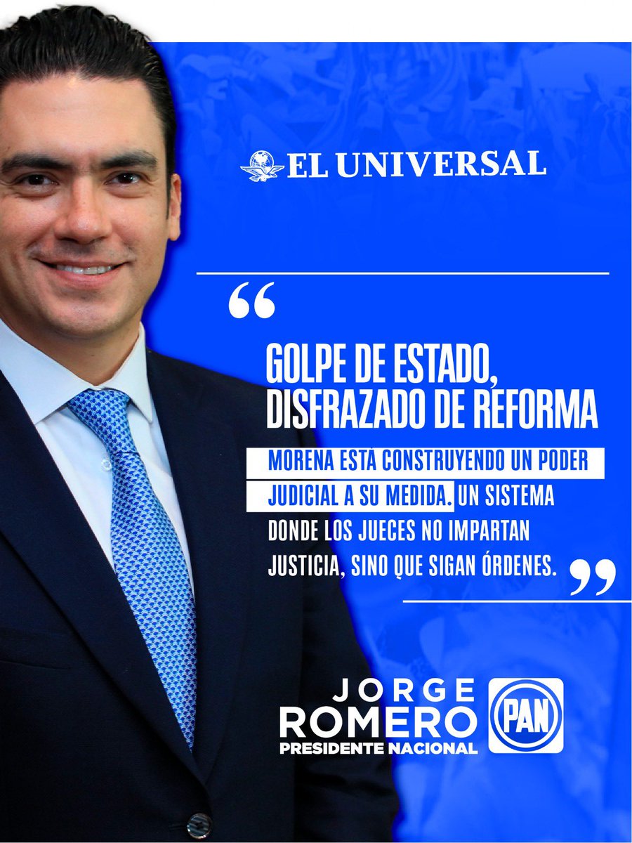Jorge Romero Herrera (@jorgerohe) on Twitter photo El Poder Judicial de México está en peligro. Se ha puesto en jaque la independencia de jueces y magistrados. Lo que debería ser un proceso basado en el mérito, se ha convertido en una simulación para imponer perfiles afines al gobierno.
#Columna 📰✍️<a href="/El_Universal_Mx/">El Universal</a> El Poder Judicial de México está en peligro. Se ha puesto en jaque la independencia de jueces y magistrados. Lo que debería ser un proceso basado en el mérito, se ha convertido en una simulación para imponer perfiles afines al gobierno.
#Columna 📰✍️<a href="/El_Universal_Mx/">El Universal</a>