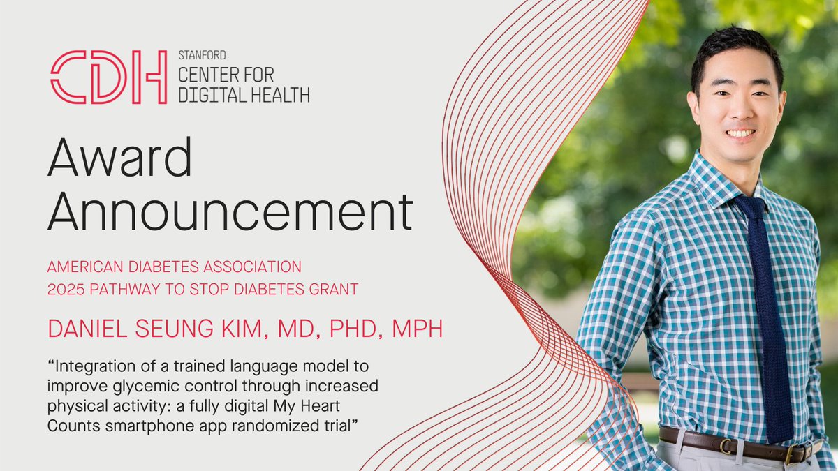 Stanford Center for Digital Health (@stanfordcdh) on Twitter photo Congratulations to #StanfordCDH #DigitalHealth Scholar <a href="/danseungkim/">Dan Seung Kim, MD, PhD, MPH</a>, who received an <a href="/AmDiabetesAssn/">American Diabetes Association</a> 2025 Pathway to Stop #Diabetes grant. His project focuses on increasing exercise to improve glycemic control via a personalized smartphone coaching app. bit.ly/3QfkggF Congratulations to #StanfordCDH #DigitalHealth Scholar <a href="/danseungkim/">Dan Seung Kim, MD, PhD, MPH</a>, who received an <a href="/AmDiabetesAssn/">American Diabetes Association</a> 2025 Pathway to Stop #Diabetes grant. His project focuses on increasing exercise to improve glycemic control via a personalized smartphone coaching app. bit.ly/3QfkggF