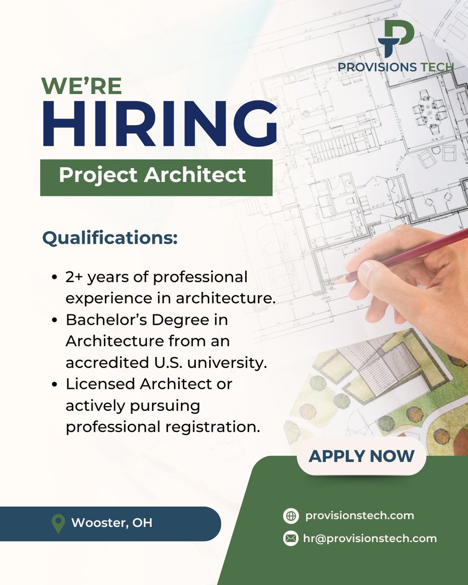 ProvisionsTech's tweet image. We’re #Hiring 

📌 Position Details: Project Architect
📍 Location: Wooster, OH (On-site)
💼 Job Type: Full-Time

#NowHiring #ProjectArchitect #ArchitectureJobs #AutoCAD #ConstructionDocuments