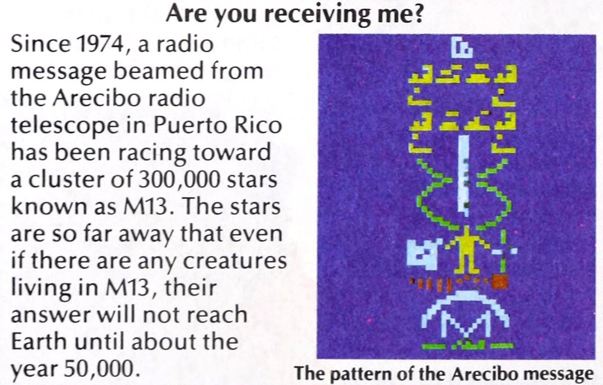 HumanoidHistory's tweet image. Cosmic messages in “The Usborne Book of Space Facts," 1995.