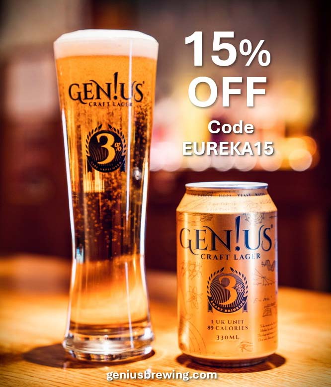 Gen!us Craft Lager is brewed with the finest pilsner malt and four hop varieties. Light, crisp and refreshing, at 3% ABV and 89 Kcal, it's not just #SmartDrinking, it's genius! Get 15% OFF 12 &amp; 24 packs with code EUREKA15 at geniusbrewing.com/shop

#beer #craftbeer #lowabv