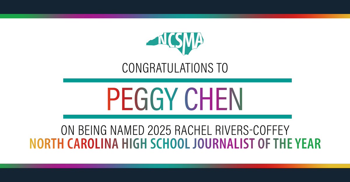 Congratulations to Peggy Chen, the 2025 Rachel Rivers-Coffey North Carolina High School Journalist of the Year! Read more at: ncsma.unc.edu/ncsma-news/.