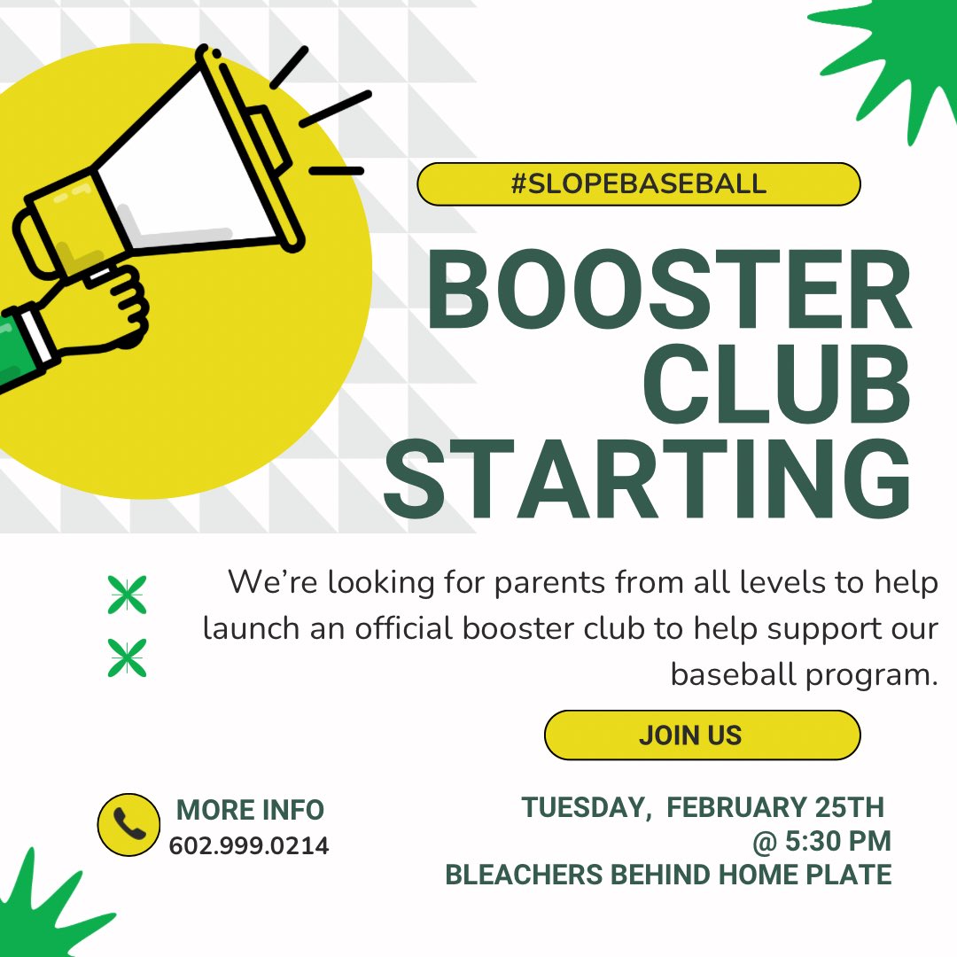 Sunnyslope Baseball is excited to launch a booster club and we need your help! 
If you'd like to be a part of this, please join us Tuesday at 5:30pm at the bleachers for a quick informative meeting where we can share our ideas and where we need help. See you there!