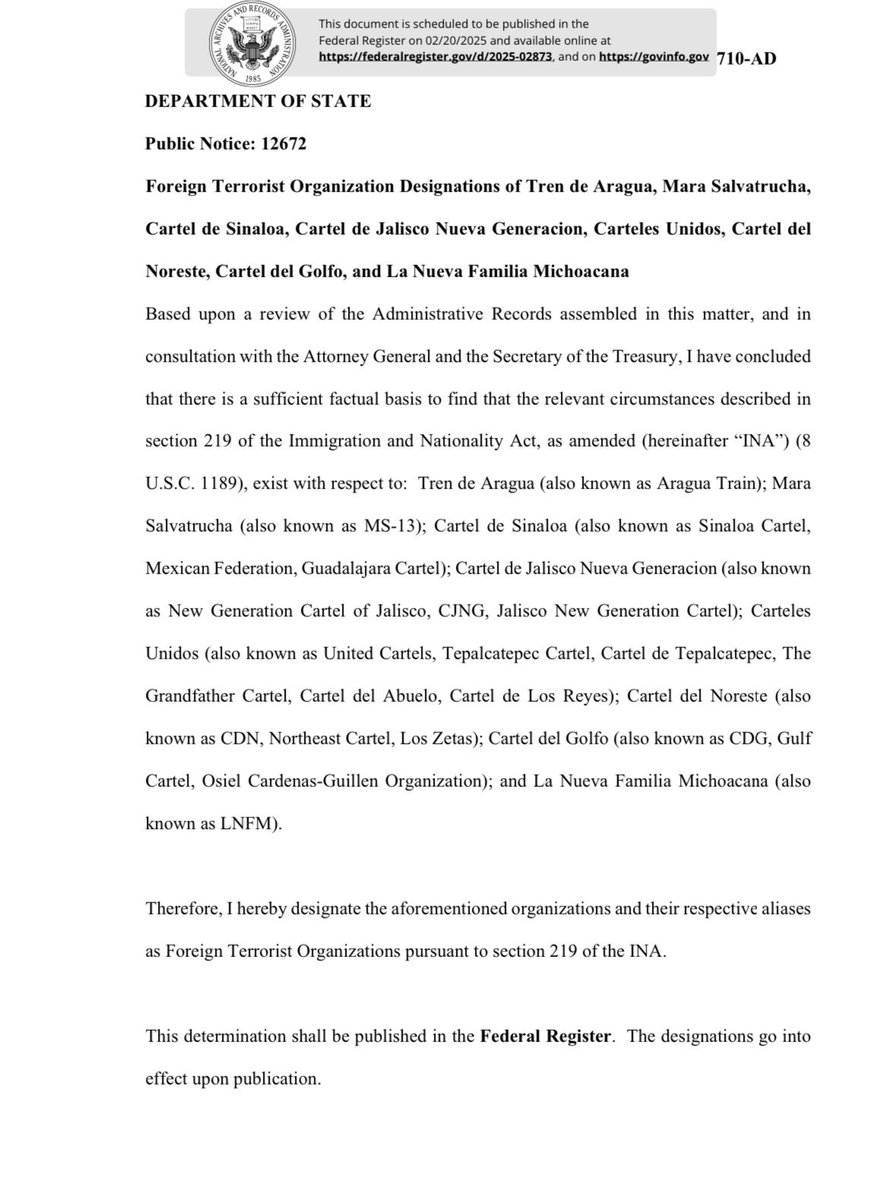 🔴#LOULTIMO| El Departamento de Estado del gobierno de Estados Unidos ha declarado como Organizaciones Terroristas Extranjeras al Cártel de Tren de Aragua, Mara Salvatrucha, Cartel de Sinaloa, Cartel de Jalisco Nueva Gerneracion, Carteles Unidos, Cartel del Noreste, Cartel del