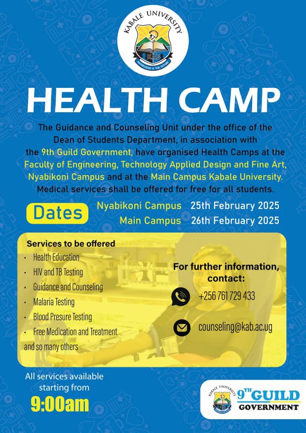 FREE HEALTH CAMP ALERT! 
Your health matters! Join us for a FREE Health Camp at Kabale University  and get:
✅ Medical Checkups  General health
✅ Health Education ✅ FreeConsultations
✅ Essential Screenings – Blood pressure, BMI, HIV&amp; more!
📅 Date: 26th -27th February 2025