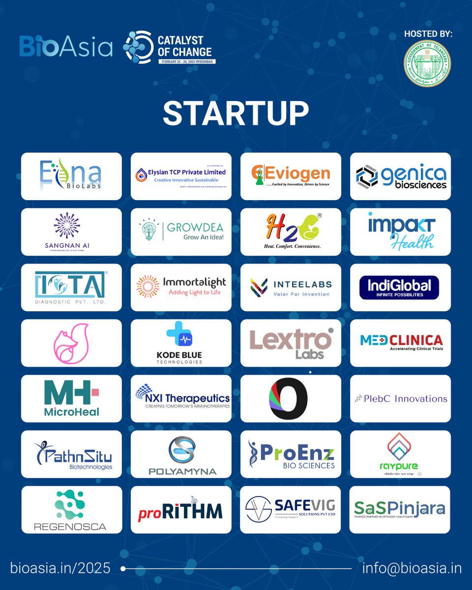 Innovation starts here! Discover breakthrough solutions from the most promising startups at #BioAsia2025.

Date: 25th-26th February 
Location: HICC, Hyderabad

+91 98105 12348 | bioasia.in/2025/

<a href="/ShakthiNagappan/">Shakthi Nagappan</a> <a href="/TGLifesciences/">Telangana Life Sciences</a>