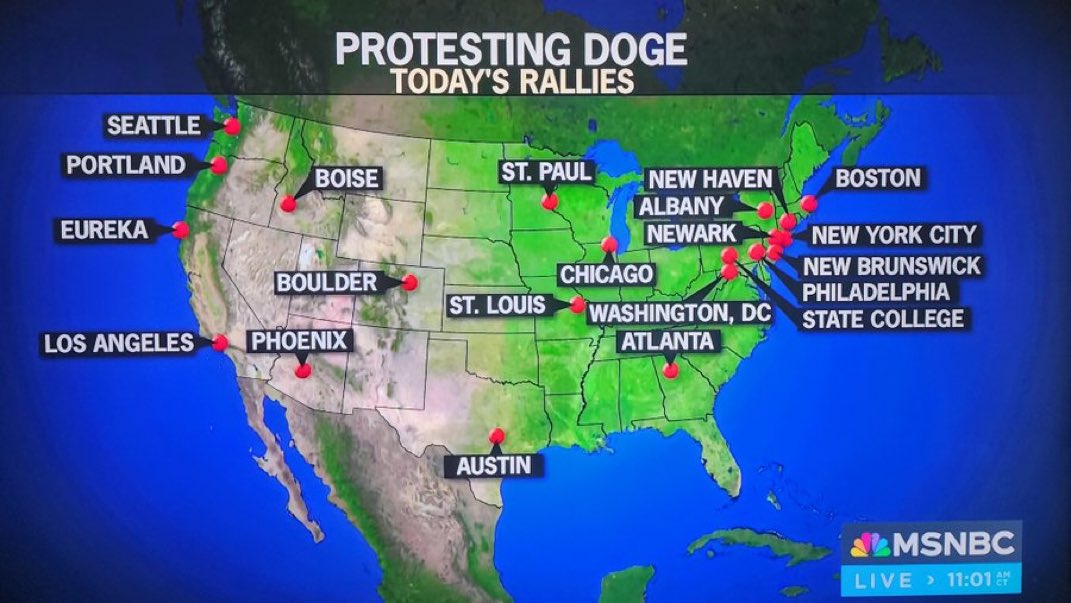BREAKING: Massive protest rallies are happening today across the country, blasting DOGE and the guy that nobody voted for.

There will even be a protest at SpaceX headquarters. 

SPREAD THE WORD. 🙏💪

- <a href="/mmpadellan/">BrooklynDad_Defiant!☮️</a>